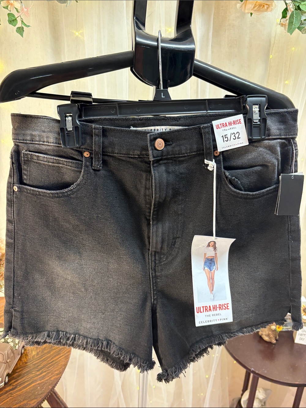 Ultra Hi-Rise Black Denim Frayed Hem Shorts